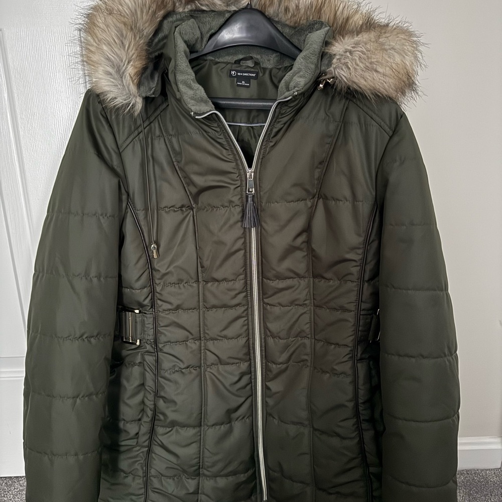 New Directions Dark Green Puffer Jacket with Faux Fur Hood